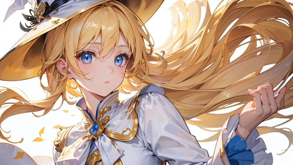 (Highest quality) (4K) (8k) (High resolution) (masterpiece:1.2) (Super detailed) One girl short hair witch Blue Eyes Long sleeve Golden decoration Hair between the eyes White Dress Wavy golden hair Upper Body (White Background) front Face close-up Cast a spell White hat
