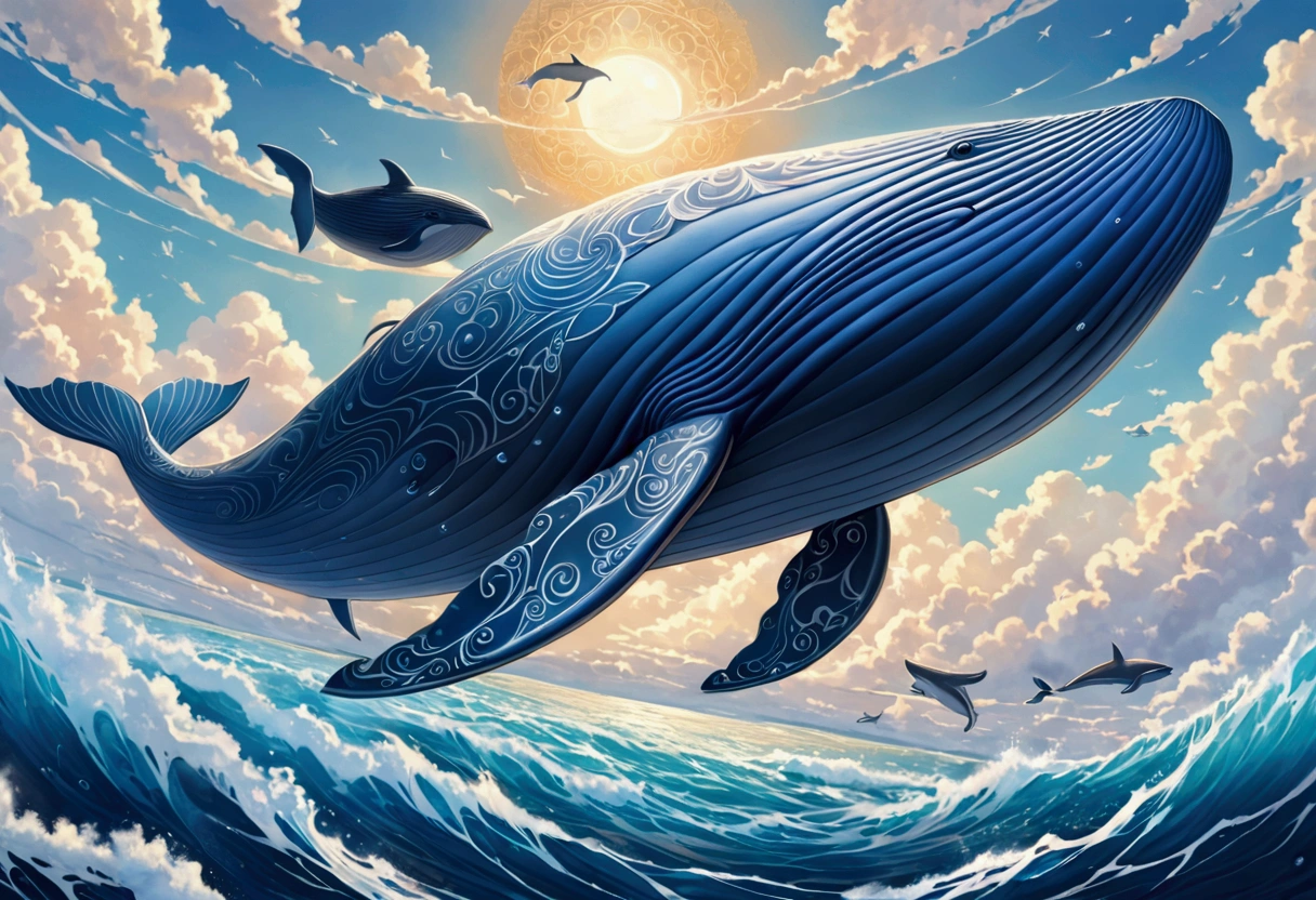 Picture a colossal Flying Whale soaring through a vivid azure sky, its massive body gliding effortlessly against the backdrop of fluffy white clouds. The Whale's body is a harmonious blend of gray and blue, reflecting the ocean it once called home. Its wings, an incredible adaptation, are vast and wing-like, covered in iridescent scales that shimmer in the sunlight, creating a mesmerizing spectacle.

Below it, a serene sea stretched out, with gentle waves rippling, as if in awe of the aerial whale. The water's surface was dotted with floating seaweed and colorful corals, casting a kaleidos