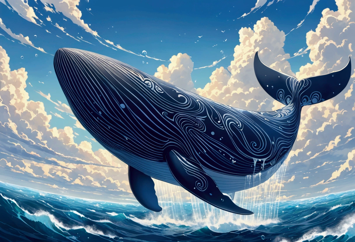 Picture a colossal Flying Whale soaring through a vivid azure sky, its massive body gliding effortlessly against the backdrop of fluffy white clouds. The Whale's body is a harmonious blend of gray and blue, reflecting the ocean it once called home. Its wings, an incredible adaptation, are vast and wing-like, covered in iridescent scales that shimmer in the sunlight, creating a mesmerizing spectacle.

Below it, a serene sea stretched out, with gentle waves rippling, as if in awe of the aerial whale. The water's surface was dotted with floating seaweed and colorful corals, casting a kaleidos