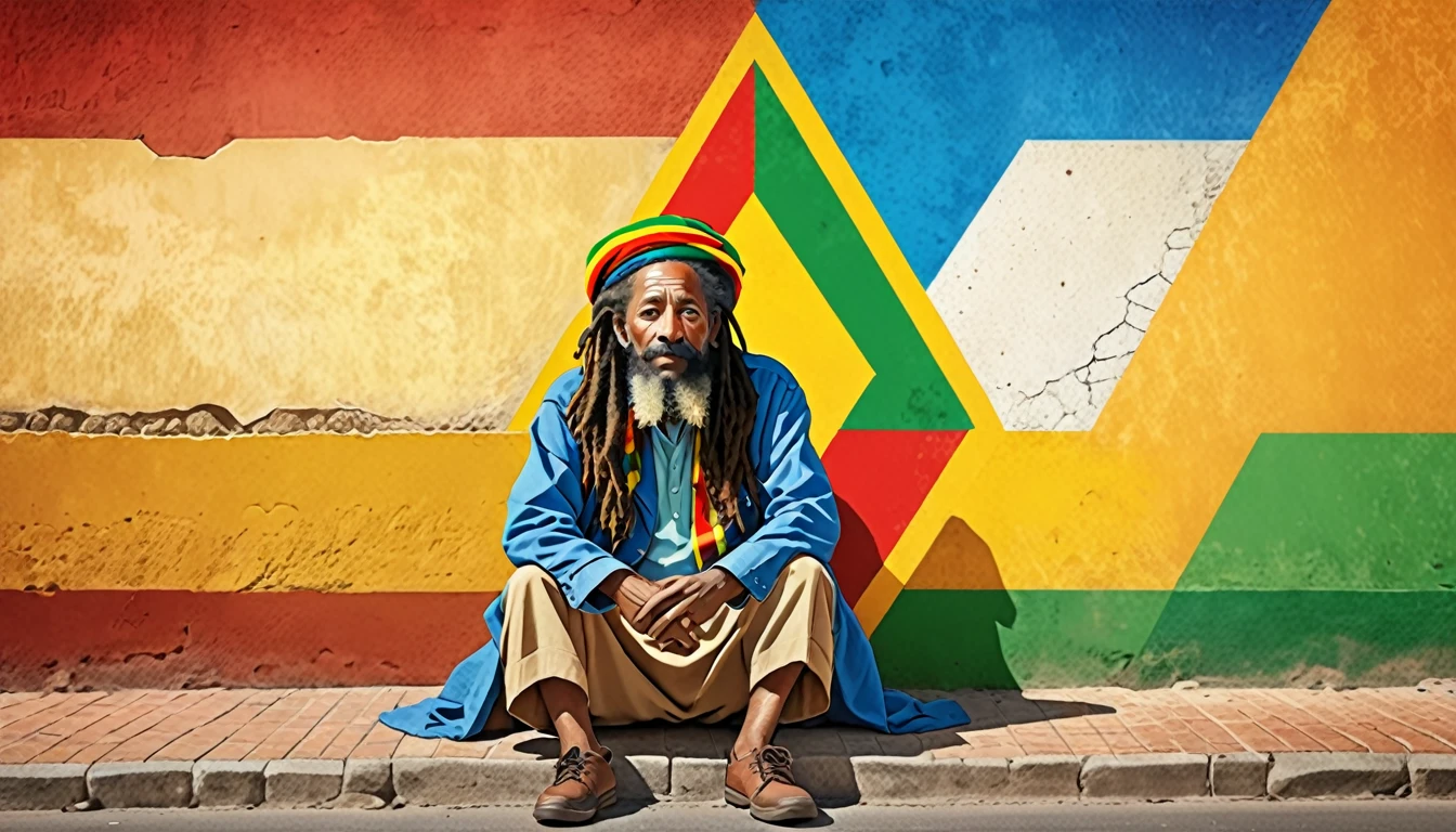 Streetscape,Shield of David,Rastafarian,The entire surface is divided horizontally into three parts with raster colors,Old man and  sitting