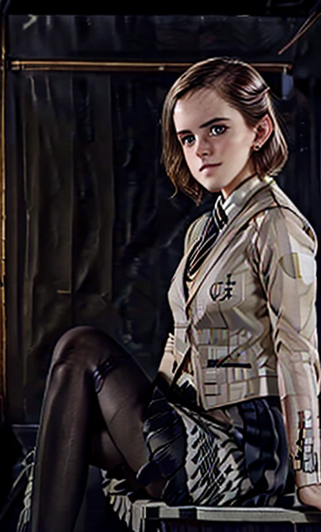 beautiful EmmaWatson, very detailed eyes and face, beautiful detailed eyes, huge file size, very detailed, high resolution, very detailed, best quality, masterpiece, (((School Classroom)), (((simple blazer))), (((pleated very tiny miniskirt))), (((The pattern of the skirt and tie is a check pattern.:1.3))), very detailed, CG, 8K wallpapers, amazing, fine details, masterpiece, best quality, very detailed CG uniform 8K wallpapers, my face shines, cinematic lighting, 1 woman, , (((dynamic pose))), (camel toe), (half), (( sheer pantyhose sit with legs crossed.)), ((whole body))