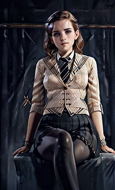 beautiful EmmaWatson, very detailed eyes and face, beautiful detailed eyes, huge file size, very detailed, high resolution, very detailed, best quality, masterpiece, (((School Classroom)), (((simple blazer))), (((pleated very tiny miniskirt))), (((The pattern of the skirt and tie is a check pattern.:1.3))), very detailed, CG, 8K wallpapers, amazing, fine details, masterpiece, best quality, very detailed CG uniform 8K wallpapers, my face shines, cinematic lighting, 1 woman, 16 years old, (((dynamic pose))), (camel toe), (half), (( sheer pantyhose sit with legs crossed.)), ((whole body))