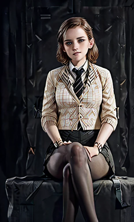 beautiful EmmaWatson, very detailed eyes and face, beautiful detailed eyes, huge file size, very detailed, high resolution, very detailed, best quality, masterpiece, (((School Classroom)), (((simple blazer))), (((pleated very tiny miniskirt))), (((The pattern of the skirt and tie is a check pattern.:1.3))), very detailed, CG, 8K wallpapers, amazing, fine details, masterpiece, best quality, very detailed CG uniform 8K wallpapers, my face shines, cinematic lighting, 1 woman, , (((dynamic pose))), (camel toe), (half), (( sheer pantyhose sit with legs crossed.)), ((whole body))