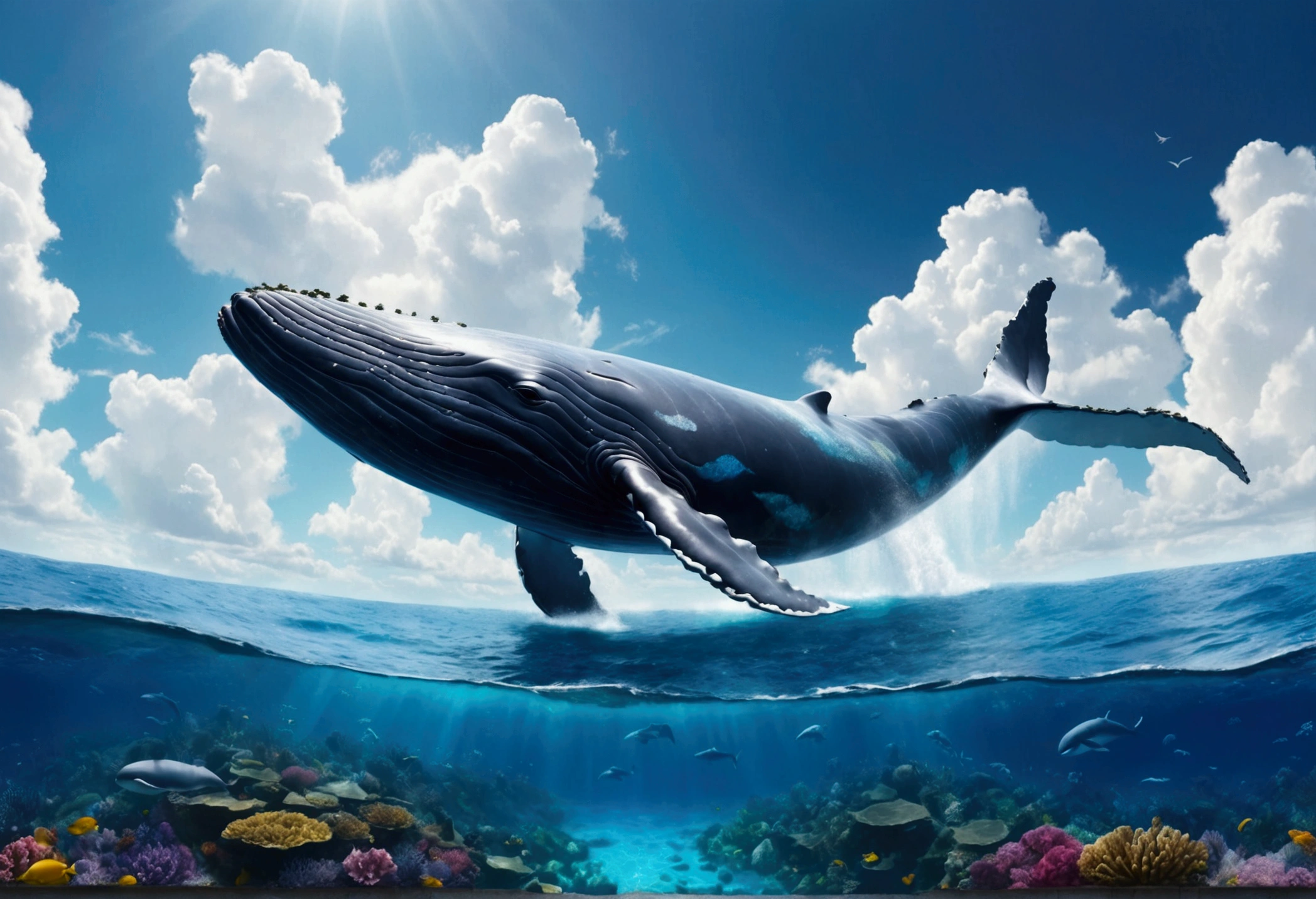 Picture a colossal Flying Whale soaring through a vivid azure sky, its massive body gliding effortlessly against the backdrop of fluffy white clouds. The Whale's body is a harmonious blend of gray and blue, reflecting the ocean it once called home. Its wings, an incredible adaptation, are vast and wing-like, covered in iridescent scales that shimmer in the sunlight, creating a mesmerizing spectacle.

Below it, a serene sea stretched out, with gentle waves rippling, as if in awe of the aerial whale. The water's surface was dotted with floating seaweed and colorful corals, casting a kaleidos