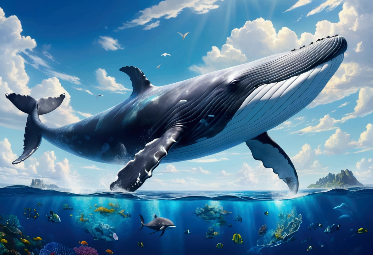 Picture a colossal Flying Whale soaring through a vivid azure sky, its massive body gliding effortlessly against the backdrop of fluffy white clouds. The Whale's body is a harmonious blend of gray and blue, reflecting the ocean it once called home. Its wings, an incredible adaptation, are vast and wing-like, covered in iridescent scales that shimmer in the sunlight, creating a mesmerizing spectacle.

Below it, a serene sea stretched out, with gentle waves rippling, as if in awe of the aerial whale. The water's surface was dotted with floating seaweed and colorful corals, casting a kaleidos