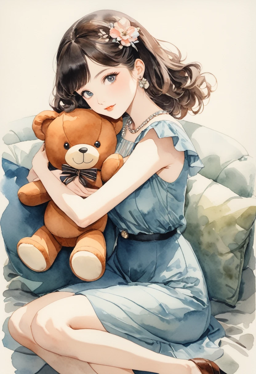 ((Retro Antique:1.5)),((hugging a stuffed teddy bear:1.5)),Beautiful and cute woman,1 Female,Solo,Sharp features,Sophisticated,((Watercolor:1.5)),whole body,Pink and blue colors,超High resolution, Attention to detail, high quality, High resolution, 最high quality,(vintage:1.4),(Cute pose:1.3)