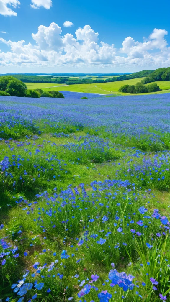 "A stunning field of blue flowers under a clear blue sky with scattered clouds. The flowers stretch out towards the horizon, creating a vibrant contrast with the greenery in the distance and the deep blue sky above."