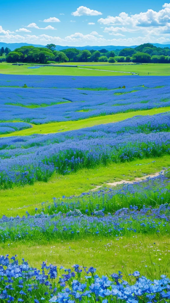 
"A stunning field of blue flowers under a clear blue sky with scattered clouds. The flowers stretch out towards the horizon, creating a vibrant contrast with the greenery in the distance and the deep blue sky above."