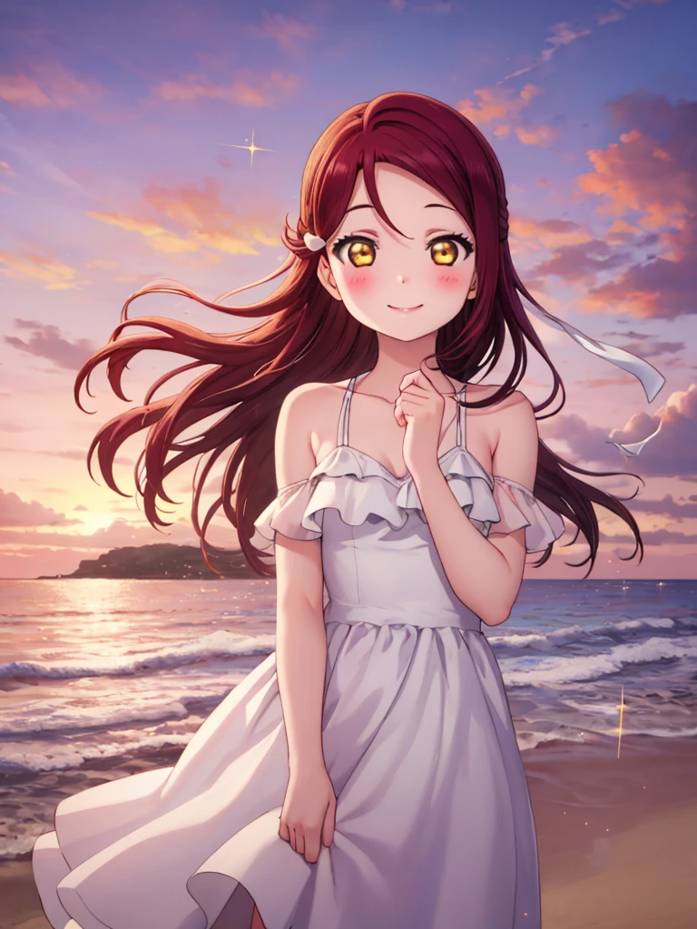 (masterpiece, Highest quality), One Girl,  Riko Sakurauchi、smile, blush, Shiny Hair, Hair blowing in the wind, Sparkle Effect, Beach、sunset、Ocean、White Dress、Touching your hair