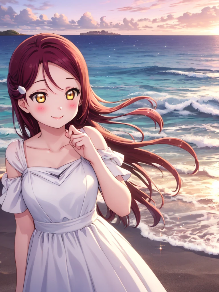 (masterpiece, Highest quality), One Girl,  Riko Sakurauchi、smile, blush, Shiny Hair, Hair blowing in the wind, Sparkle Effect, Beach、sunset、Ocean、White Dress、Touching your hair