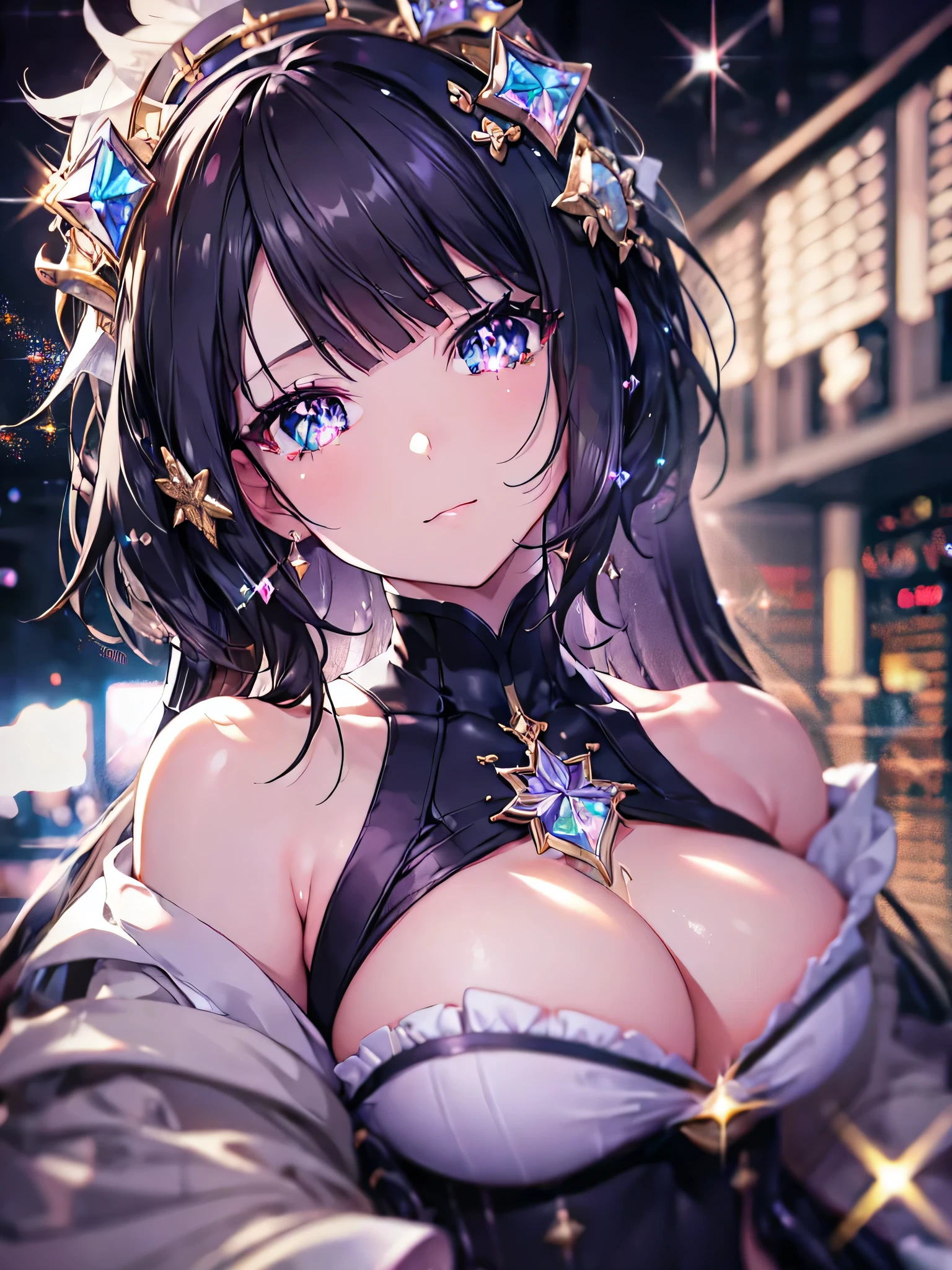 ((ultra detailed, exquisite quality, absolutely resolution)), (anime moe art style:1.3), (((solo girl))), (((black Diamond dress))), (((dress at brilliancious, glare, glitter, reflections, prisms, transparency:2)), (huge breasts:1.5), (hair, ponytail, fluffy long Expressive), head tilt, happy smile, looking at viewer, (finger to mouth), (((face close-up, face focus, eyes focus, blurry background, depth of field:2))), (isometric 3D, octane render, ray tracing:1.5), cinematic shadows, backlighting, (particle effect, caustics:1.5), ((super detailed skin)), (hyper detail delicate eyes, hyper beautiful eyes), (bright pupils),  ((pupils)),  lip focus, light lips, (feathers:1.3) , (rainy landscape:1.5)