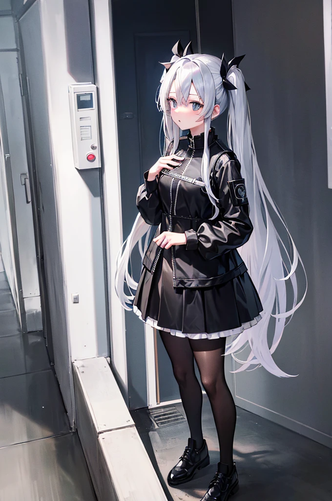 from above,silver hair, twintails, very long hair, アニメ, best quality, masterpiece、Black mini skirt、Black high neck half zipper、Black Pantyhose、looking at the camera、look back、Serious face 
