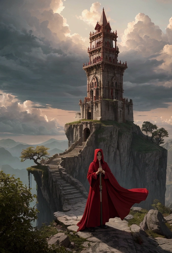 Cinematic wide shot: Beautiful young witch in flowing red robe and hood, vivid crimson lipstick, atop narrow stone tower peak. Clockpunk aesthetic. Gripping ornate staff with both hands, arms outstretched. Staff sprouting branches and leaves. Robe billowing dramatically in fierce wind, feet planted firmly. Determined expression, resisting gale. Dawn breaking, clouds streaming across sky. Vast plains visible below, reminiscent of Saruman's tower in Lord of the Rings. 