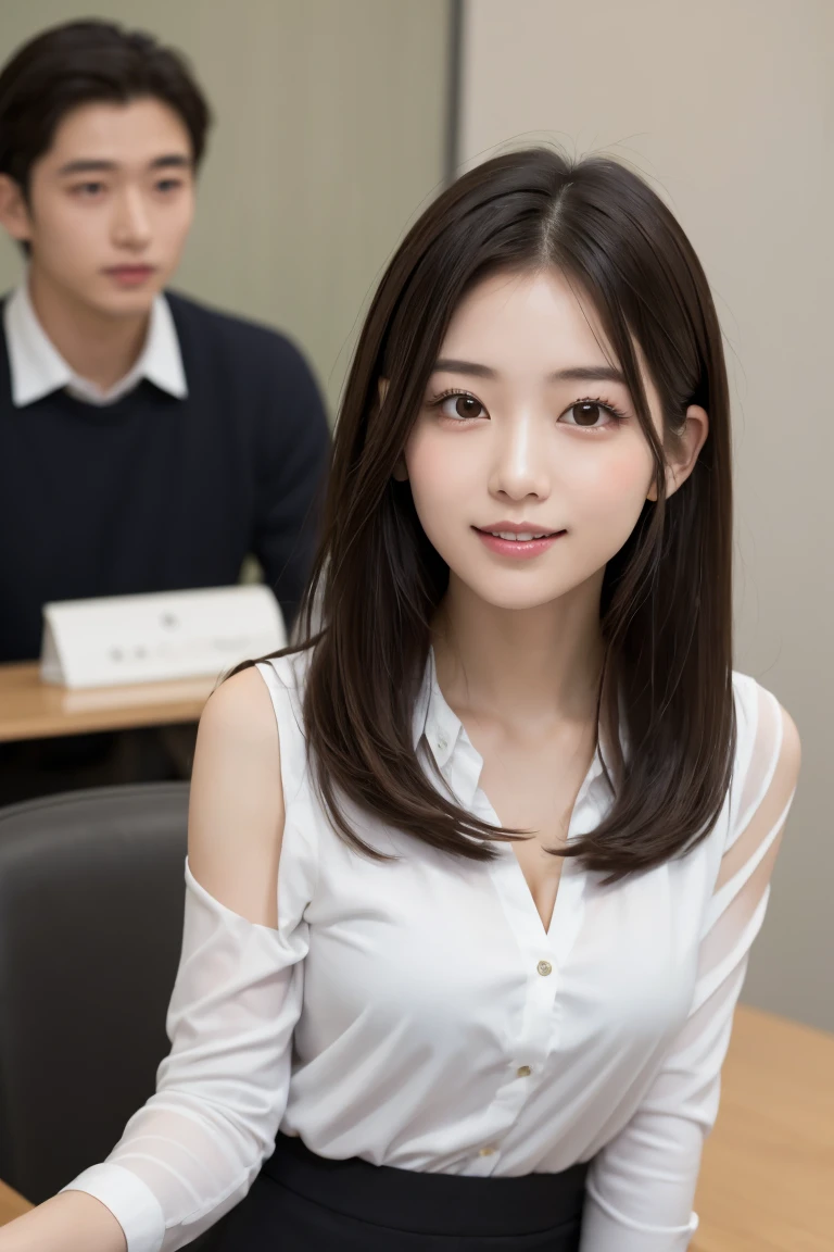 Create an image of a young woman named Iroha, focusing on her upturned gaze as she makes a request to Yuya at their workplace. Iroha is 23 years old with shoulder-length hair that has soft curls, resembling Satomi Ishihara, giving her a cute and approachable look. She has a healthy and fit body with a natural glow to her skin. Her appearance is both cute and modest, with a hint of seductive charm.
In this image, Iroha is wearing a stylish office outfit, consisting of a fitted blouse and a pencil skirt that highlight her slender figure. She is standing close to Yuya, looking up at him with large, inviting eyes and a sweet smile, reflecting her cheerful and bubbly personality. Her posture is slightly leaning forward, emphasizing her request with a gentle and endearing demeanor.
The background is a modern office setting, with desks, computers, and office supplies visible. The lighting should accentuate the natural glow of her skin and the delicate features of her face. Capture the essence of her youthful beauty and the charming elegance of her upturned gaze as she makes her request to Yuya in this detailed image.