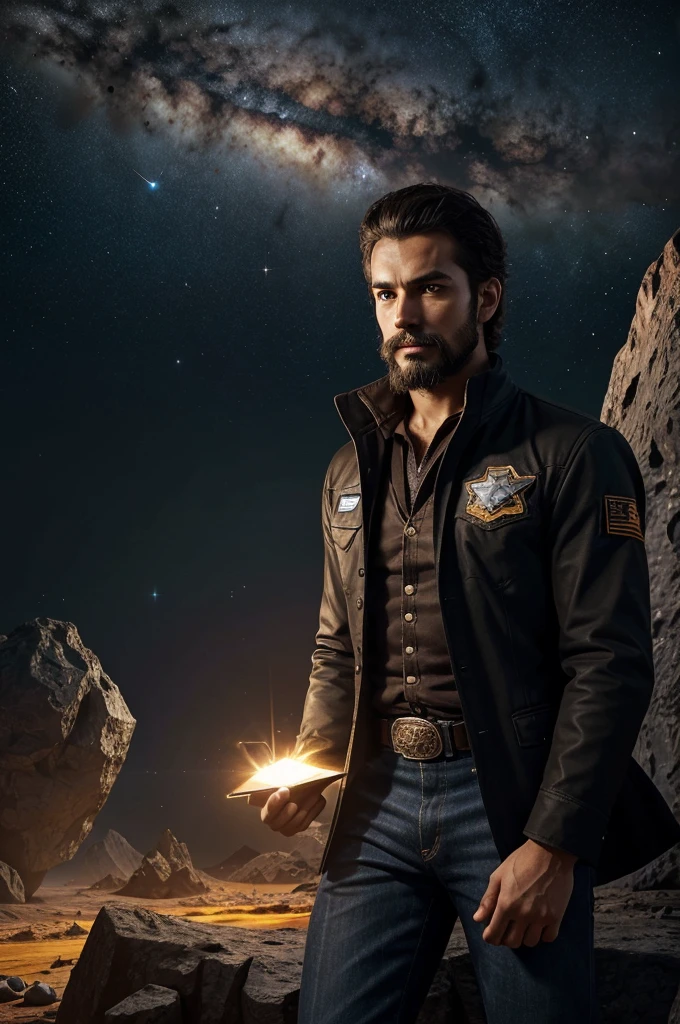 Draw a young programmer, sitting on a research platform floating in the middle of an asteroid belt. He is studying with a notebook, surrounded by several asteroids glowing with fiery auras. Dramatic lighting from distant stars and planets illuminates the scene, casting deep shadows on the suit. The young man looks confident and determined, looking at the vast and mysterious universe with wonder and respect,facial hair, cowboy shot,