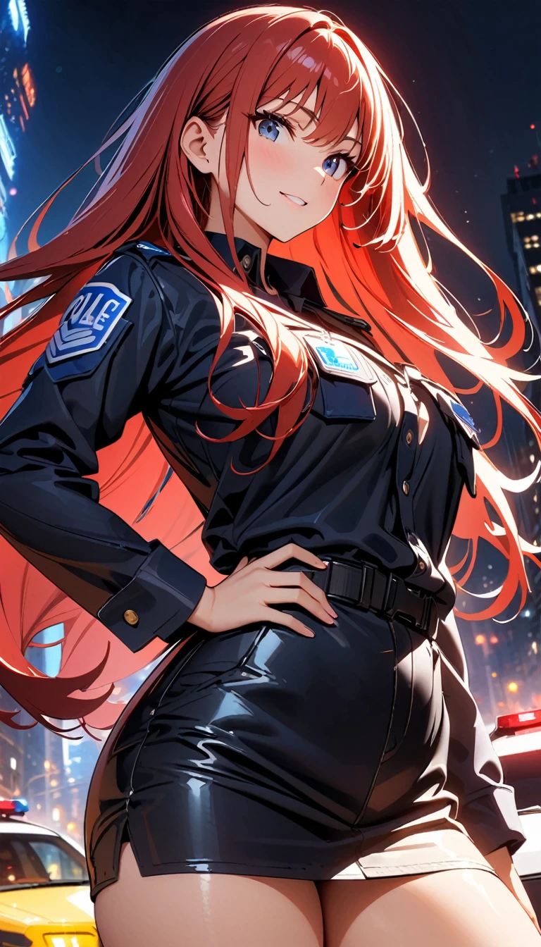 (high quality, 8k, 4k, high contrast, masterpiece:1.2, best quality, best aesthetics), (dynamic angle), Sexy female police officer, Detailed face and body, Beautiful breasts, confident look, (Red hair, long hair), Shiny black uniform, Tactical belt with equipment, Glossy Badges and Name Tags, Leaning against a police car, Standing in a dynamic pose, dutch angle, Flashing police car lights against cityscape background,