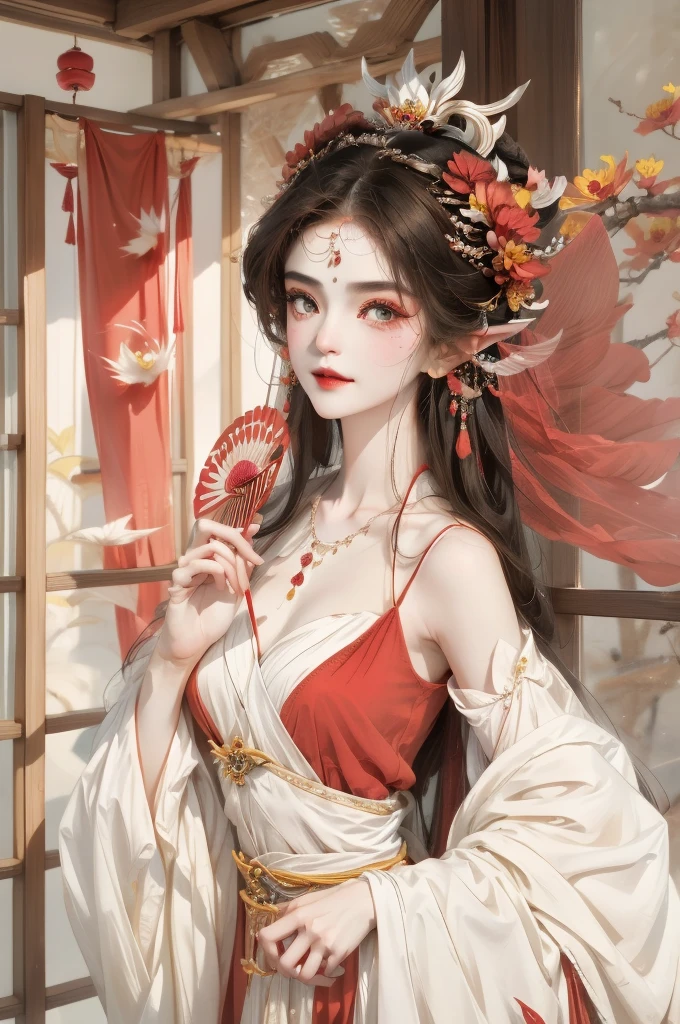 One wearing a red dress、Arafad image of woman holding fan, ((beautiful fantasy queen)), beautiful fantasy queen, Inspired by Qiu Ying, Inspired by Lan Ying, full body xianxia, Inspired by Puhua, Inspired by Ma Yuanyu, Hungry Ghost Festival, Inspired by Tang Yifen, beautiful figure painting