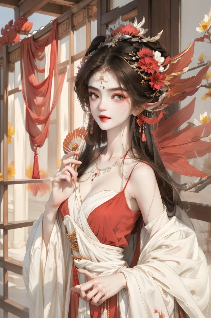 One wearing a red dress、Arafad image of woman holding fan, ((beautiful fantasy queen)), beautiful fantasy queen, Inspired by Qiu Ying, Inspired by Lan Ying, full body xianxia, Inspired by Puhua, Inspired by Ma Yuanyu, Hungry Ghost Festival, Inspired by Tang Yifen, beautiful figure painting