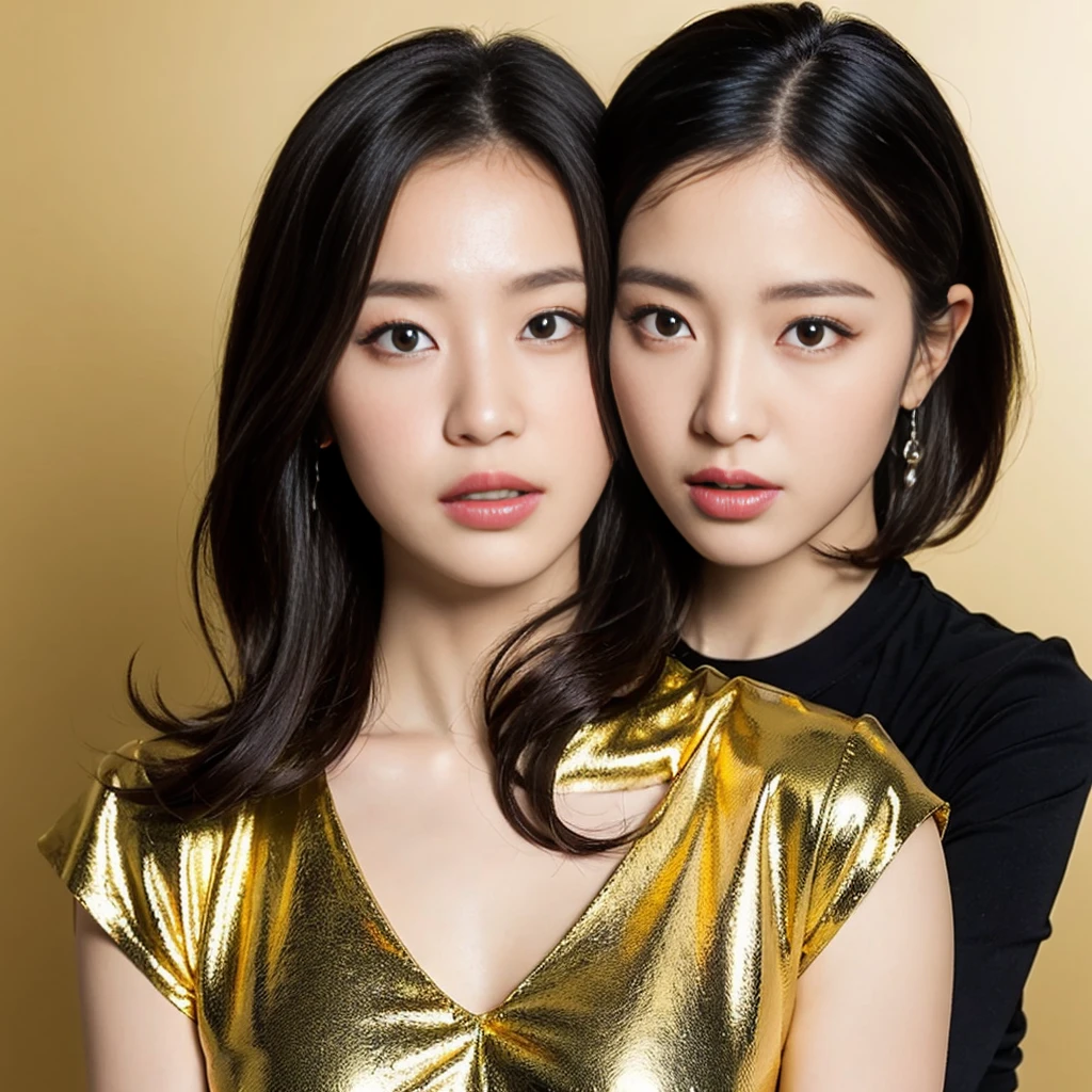 ((Highest quality, 8k, Tabletop:1.3, 2 girls, beautiful girl)), cute, dynamism, Detailed face, Detailed skin, Detailed eyes, Detailed lips, Detailed fingers, Mouth details, Detailed teeth, Detailed tongue, Round eyes, Tear bags, Realistic, RAW Photos, Natural light, Perfect Anatomy, High resolution, covered in , (Partially transparent), Gold color background, chest, twin color hair, Sitting, I feel