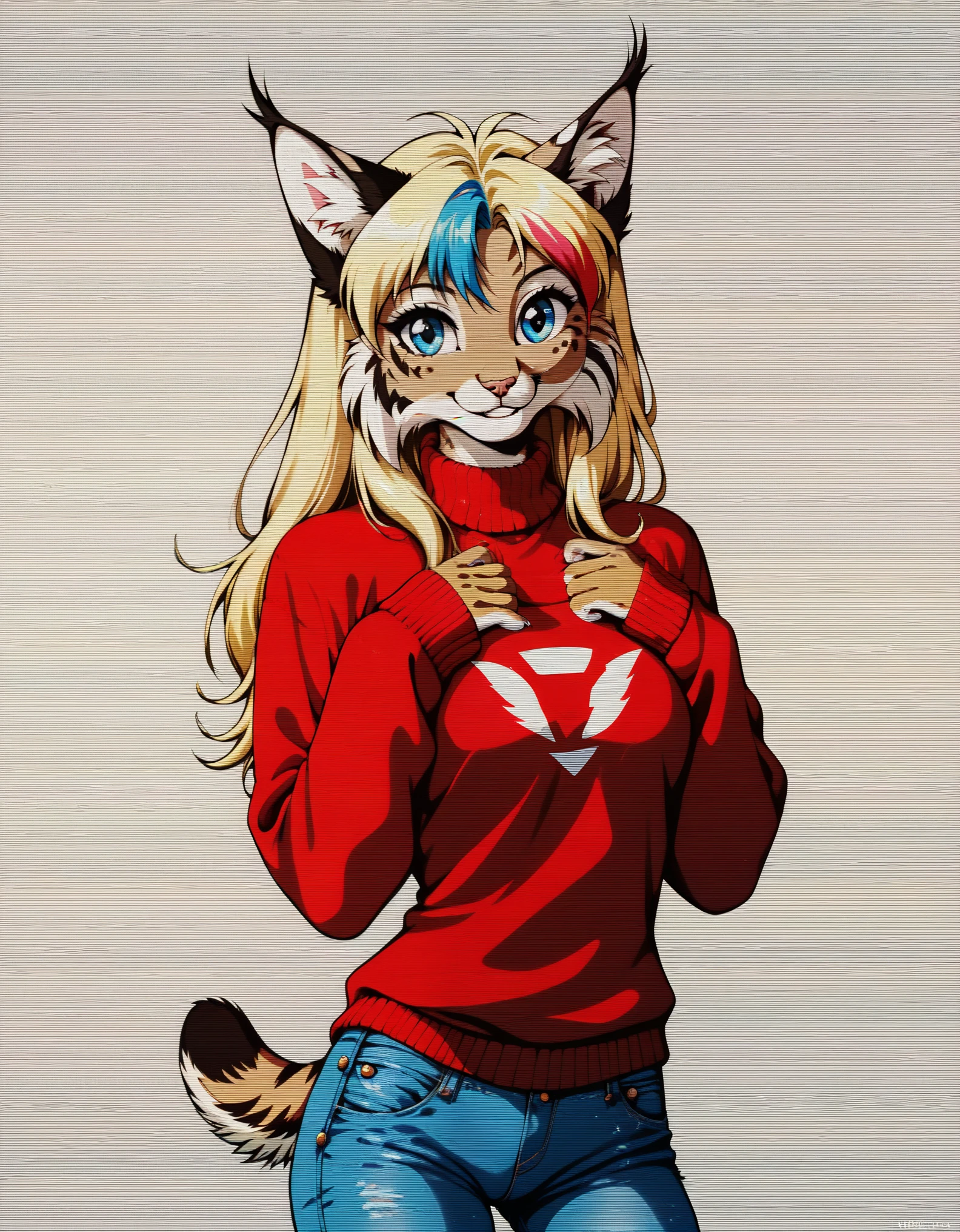 score_9, score_8_up, score_7_up, score_6_up, rating_safe, beautiful, anthro, furry, feline, female, detailed textured fur, fur tufts, fluffy, slim, slender, cute, sweater, baggy denim jeans, beautiful blue eyes, detailed eyes, smile, solo, SFW, lynx, long blonde hair, multicolored hair, streaked hair, absurdres, highres, retro anime, 1990, scanlines,