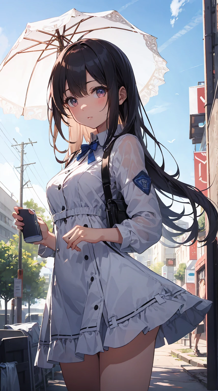 This illustration depicts a cute girl going on a holiday outing. She is in her twenties and has bright eyes. The place is like a park. However, the most noteworthy thing is the "last mysterious high-energy body" she emits. This energy body released from her body has the power to annihilate the garbage in the sky. The blue-white light reaches every corner. She is standing with a parasol and is wearing a dress. It's summer and it's very hot.