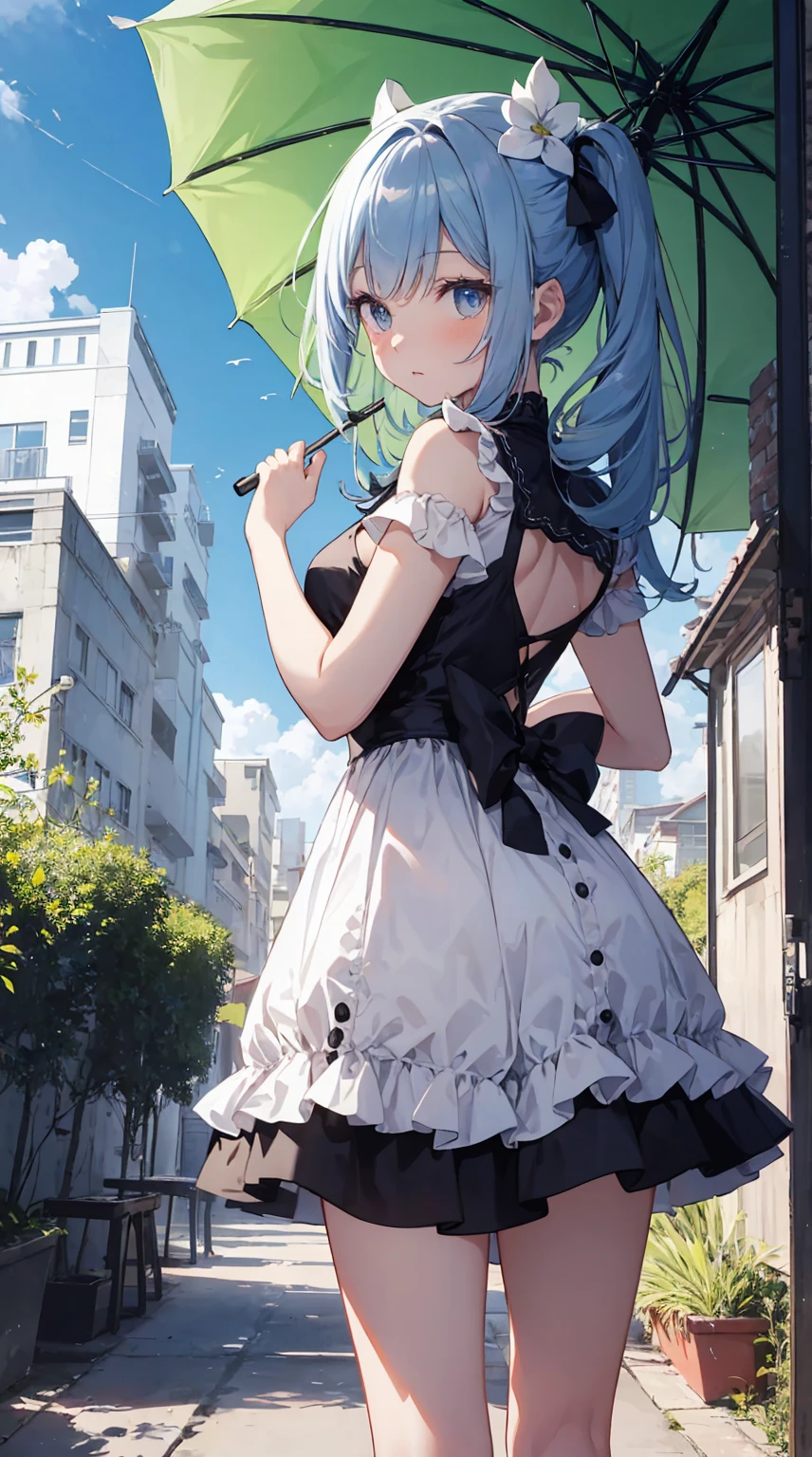 This illustration depicts a cute girl going on a holiday outing. She is in her twenties and has bright eyes. The place is like a park. However, the most noteworthy thing is the "last mysterious high-energy body" she emits. This energy body released from her body has the power to annihilate the garbage in the sky. The blue-white light reaches every corner. She is standing with a parasol and is wearing a dress. It's summer and it's very hot.