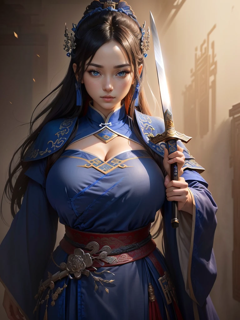 a man in a blue robe holding a knife and a sword, inspired by Cao Zhibai, inspired by Dong Yuan, inspired by Huang Ding, inspired by Hu Zaobin, inspired by Wu Bin, inspired by Xuande Emperor, liang xing, pan ren wei, inspired by Li Kan, inspired by Guan Daosheng, inspired by Wu Zuoren,  Highly detailed CG unit 8k wallpaper, masterpiece, High resolution, highest quality, highest quality real texture skin, Super Real, Digital Painting, Best image quality, 最High resolution, 8k, (((Highly detailed eyes and face, Beautiful eyes every detail))), disproportionate breasts, huge breasts, sagging breasts, gigantic breasts, 