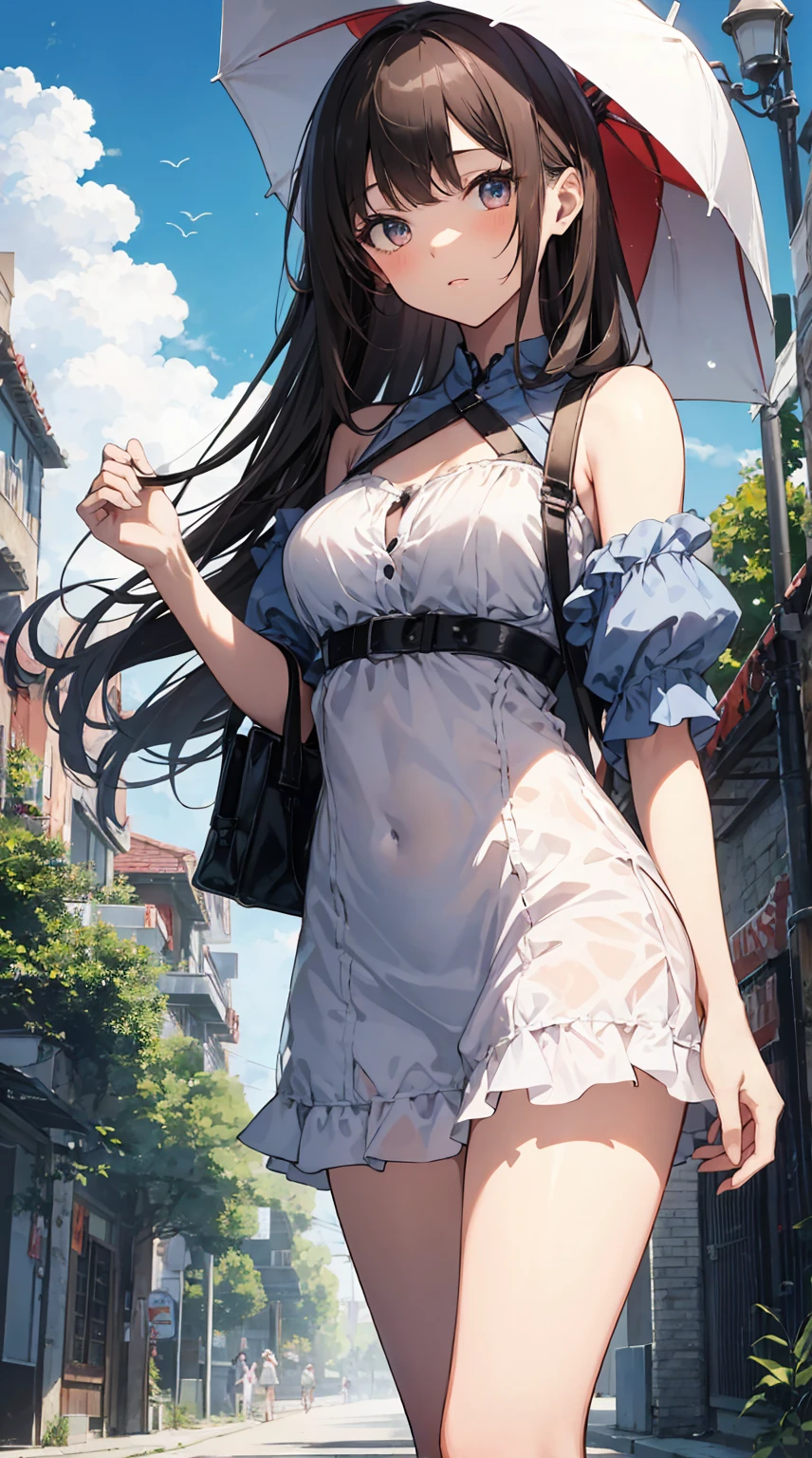 This illustration depicts a cute girl going on a holiday outing. She is in her twenties and has bright eyes. The place is like a park. However, the most noteworthy thing is the "last mysterious high-energy body" she emits. This energy body released from her body has the power to annihilate the garbage in the sky. The blue-white light reaches every corner. She is standing with a parasol and is wearing a dress. It's summer and it's very hot.