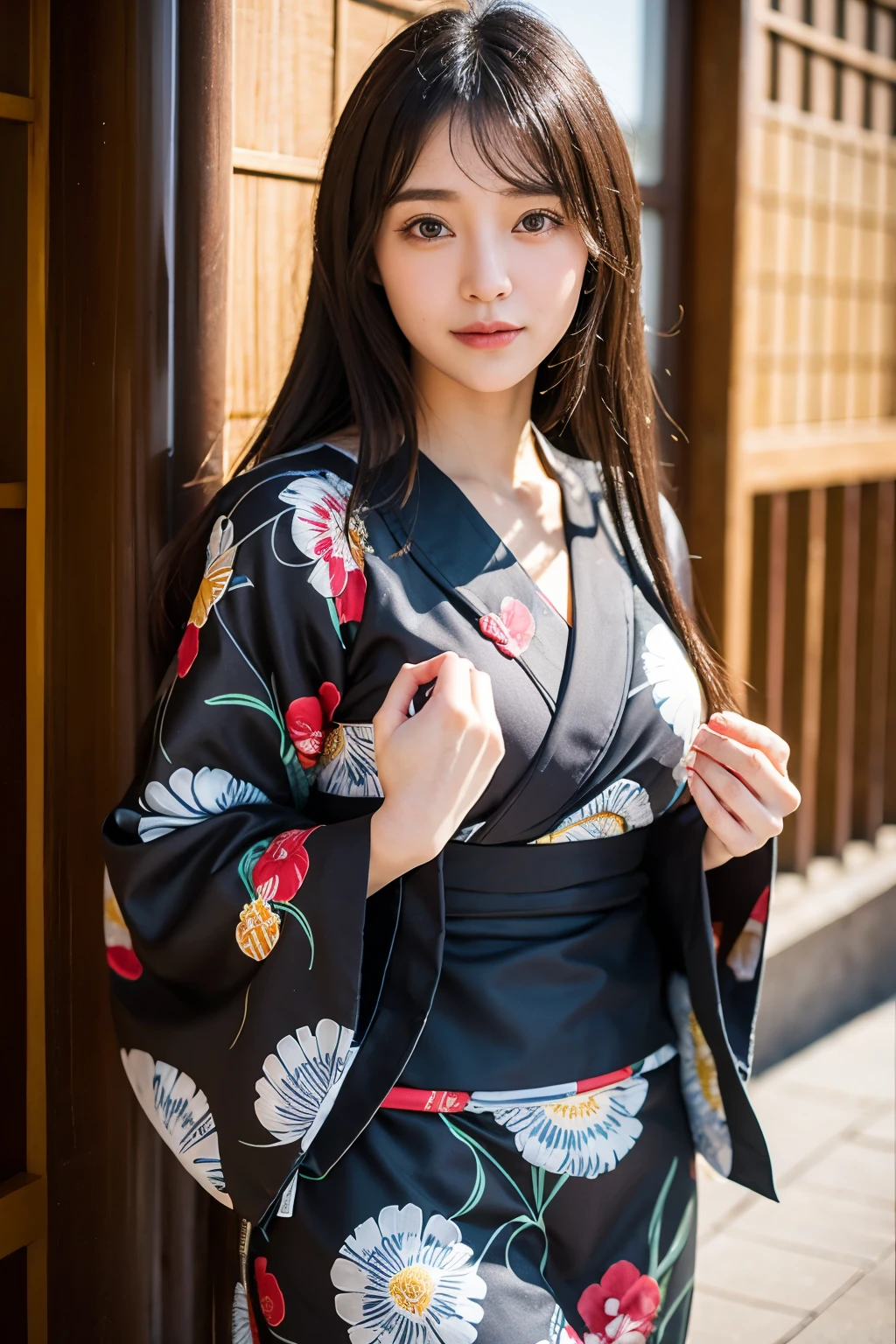 ((Highest quality)), ((masterpiece)), (detailed), One girl, sexy、Traditional Yukata、Japanese、Dark grey outfit、Gorgeous decorative obi、Black Hair