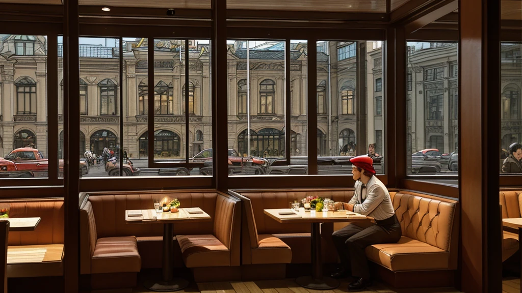 a restaurant, a restaurant в москве, public place, indoors, big windows, luxury, дорогой a restaurant, people have lunch, workers greet guests, Marvel Comics Style, comics