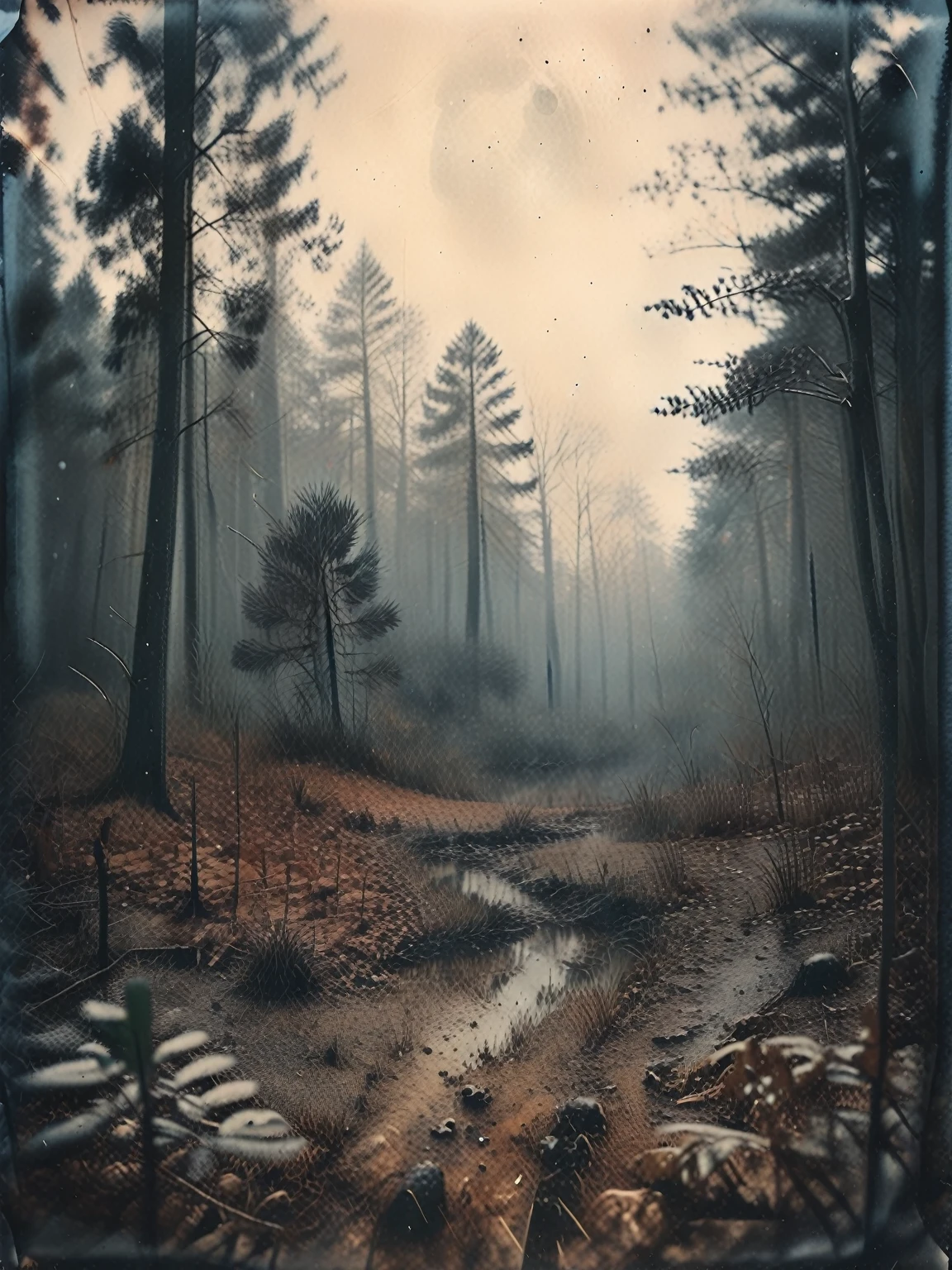 35mm Vintage photo of landscape/scenery ,Later autumn forest,little snow in the ground,small pines around, wide shot, mysterious, fantasy, highly detailed