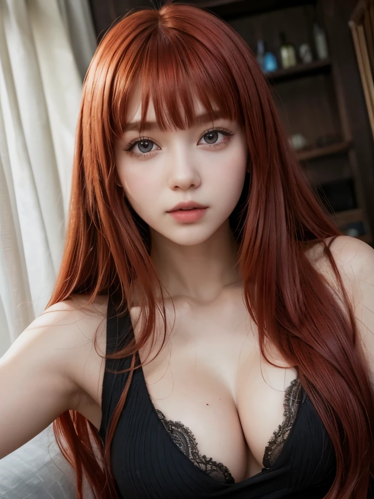 Girl with long red hair, She has short bangs and a seductive look.