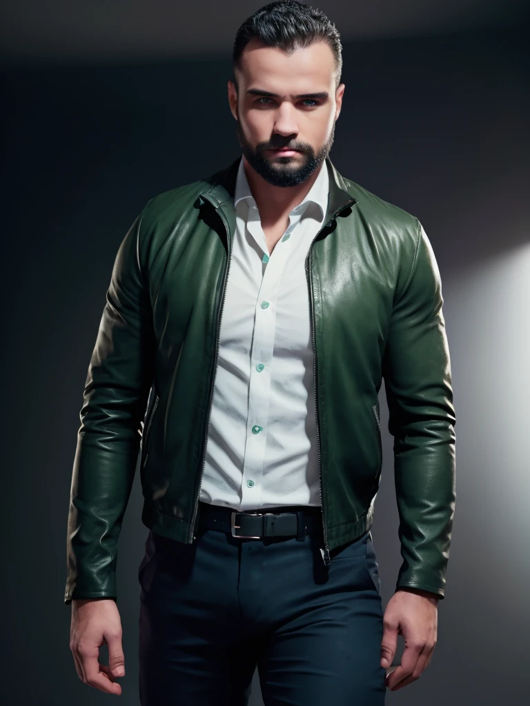 A medium-sized male, resilient and robust, with military-shaved short hair and a well-trimmed, orderly short beard. His light green eyes radiate intensity. The upper body is strong but not excessively muscular, showcasing a blend of strength and elegance. He's dressed in a black leather jacket over a white shirt, creating a sophisticated appearance. This masterpiece of hyperrealism captures the subject in high dynamic range to emphasize the intricate details of his features and attire. The background is a magnificent landscape of a plateau, flat, mesa, under fading illumination, simulating a photograph shot with a Sony A00 with Sony E 35mm f-1.8 OSS. The image has a high pixel density for a sharp and detailed visual experience.
