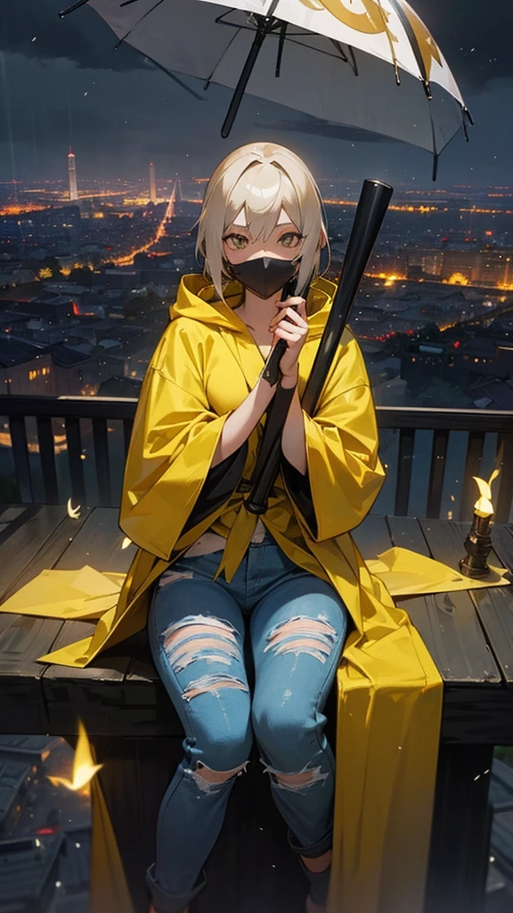an anime female character wearing a HOODIE, torn jeans and a mask that covers her entire face, as well as a yellow robe, is sitting. on top of the city tower while holding an umbrella, with realistic rainwater effects, as well as effects, flying fireflies adding a realistic feel, with photo results, HDR, 8k, anime.