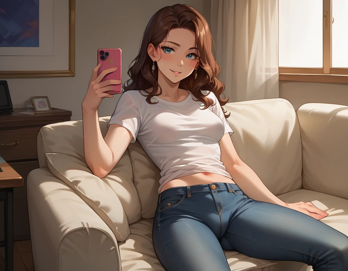 score_9, score_8_up, score_7_up, score_6_up, (cowboy shot), BREAK, 1boy, (playing on his phone:1.3), (30yo, jeans and t-shirt, medium crotch bulge), BREAK, 1girl, (tight jeans and white blouse), (30yo, female, slender slutty girl, brunette, wavy hair, cute and mature, medium breasts), BREAK, (sitting side-by-side on the couch:1.1), watching tv, (her hand is on his thigh:1.2).