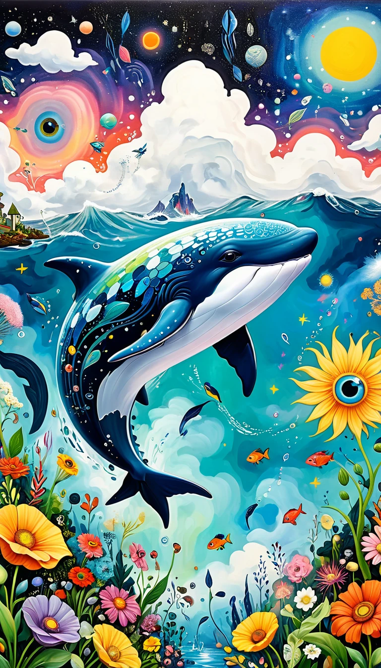 Children's graffiti,Thick coating,Concave and convex texture,Oil pastel strokes:Artists from the stars,Child,Flying Whale:1.37、Eruption Cloud、flowesh、章fish触手瀑布。、bird、(((Eye)))、diatom,Abstract mosaic painting,Describing the inner world of autistic people,Large area of white,interesting,Innocence,Vision,Psychedelic Art,