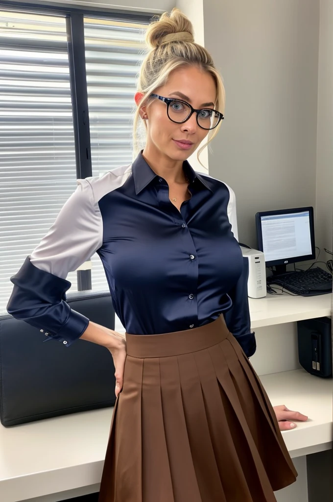 beautiful woman of 45 years old with blue eyes, blond with brown roots, hair in bun with tendrils, looking directly at the camera, very realistic, instagram selfie, closeup face ,in the office, silk button down blouse ,black short silk skater pleated skirt, clothes tight against body, clothes too tight, film grain, fit muscular body, big breasts, full body shot, clothes too tight, seductive,  glasses