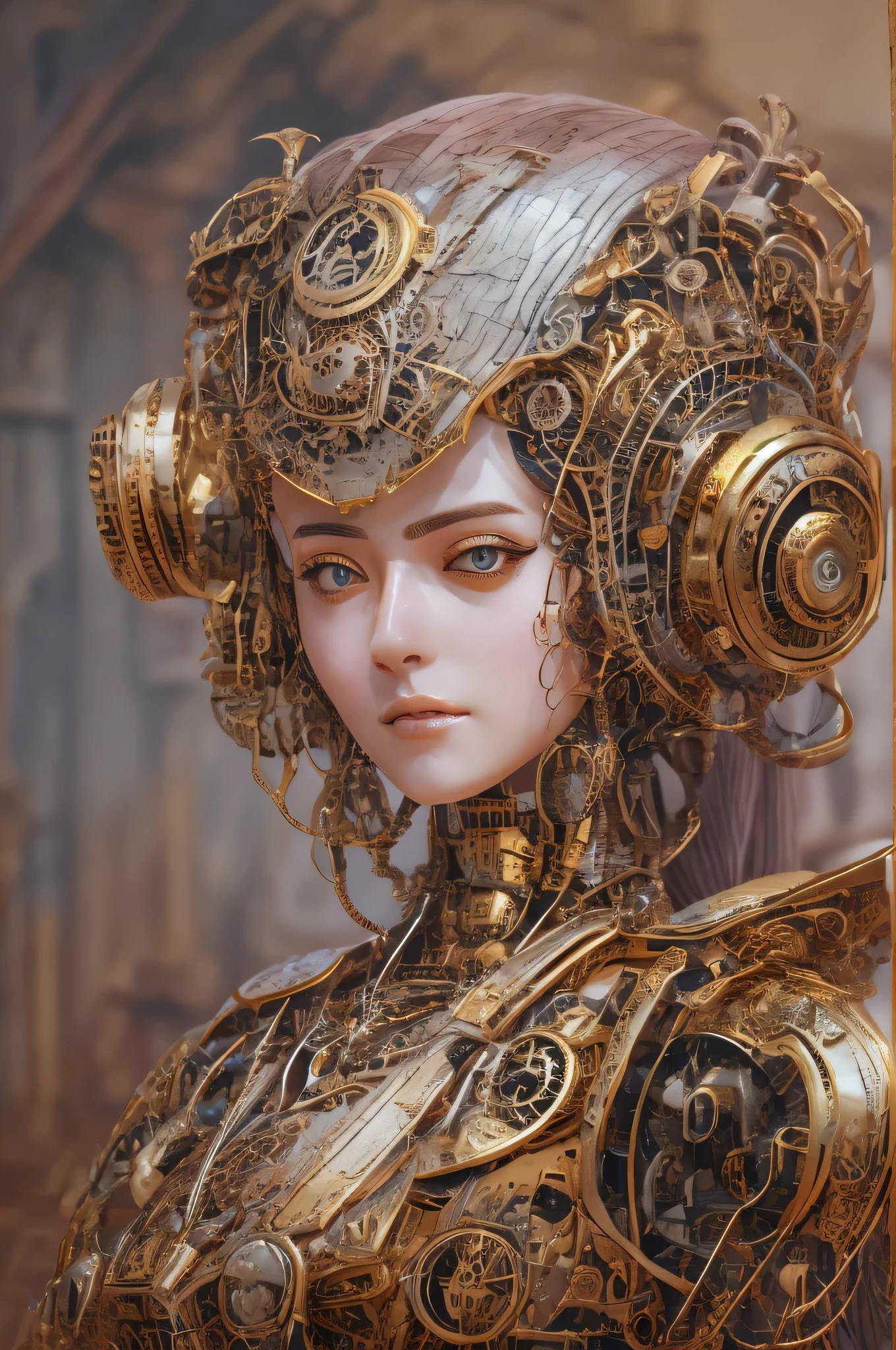 steampunk、sketch、Very beautiful female robot、It is a smart robot equipped with the latest AI.、It has beautiful eyes, nose and mouth.、Very displeased look、While facing right、He is looking down and glaring at the viewer.、2200s、Cartoon、Oil painting style,