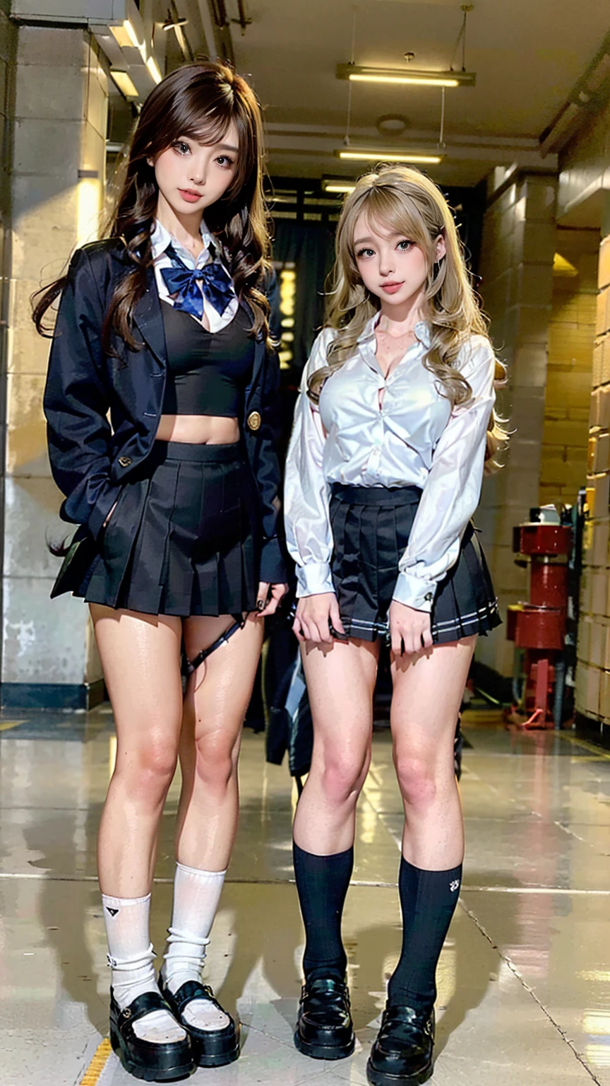 (Two women:1.8), A gal of about the same height, (Two high school girls), (Shopping mall, Shopping Street, street, Outdoor), Full body portrait, Photograph the whole body, Are standing, (Tall, Thin thighs, Elongated arms and legs, Small waist, Small hips), ((Highly detailed skin), Beautiful realistic face, White skin, Pointed Chest, Perfect Anatomy, Realistic eyes, Natural Eyes, Brown eyes, Accurate eye focus, Accurate limbs), (Hyper Realist, Ultra-realistic, 4K, Attention to detail, Ultra-high resolution, Highest quality, masterpiece, Presence, dynamic, Uplifting, bold, Sharpness), (Big Breasts:1.5), (Cleavage:1.5), (Blonde long hair:1.5, loose wavy long hair:1.5, Loose curly hair:1.5), (sleek bangs), (Twin tail hair), ((White collared shirt, Navy pleated mini skirt, Navy colored socks, Black loafers, Ribbon tie)), High school girl in uniform, Surreal high school girl, tall, High school girls in uniform, smile, Slouching, Cleavageを強調, (Are standingTwo high school girls:1.8),
