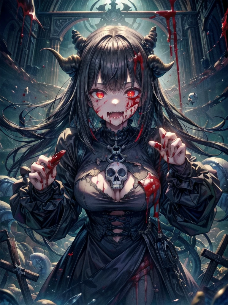 (Thriller Theme,Bloody and violent themes:1.3),(Unclean mollusk tentacles,radicalism:1.4), Good details, (Glowing background), Highest quality, wide angle super detail, masterpiece, 8k, Natural light, Soft lighting, sunlight, High resolution (High Dynamic Range), Maximum clarity and sharpness, Multilayer Texture, Looking at the audience,Close to the audience,night,Unclean, (Faith of the Dead,A totally malicious cult,Human Sacrifice Ritual,Creepy black mist and bloody mist),(severe bleeding, self-injurious behavior:1.4) 1 girl,Crazy Smile,((Wicked Smile)), ,(Blood splatter:1.4),Scythe Face,Girl Monster, beautiful, Delicate facial features, Sharp Eye, Sharp Fangs, Pale skin, Thick chain, Dark Background, Cinema Lighting, Dramatic Shadows, Gothic style, Gloomy atmosphere, Dark fantasy, One Girl,, Please open your mouth wide, Open your mouth and baring your teeth,Sharp teeth like a beast, Wide lips, very wide mouth, Vermilion cheeks, ,(Blood splatter:1.4),Scary smile, Very good laugh,Upper Body,Perfectly detailed eyes and face,Red eyes,Tears of Blood, (skullと骨だけで建てられたカルト寺院,Skeleton Beam,Altar of Bone:1.4), (Glowing Eyes,Disheveled long hair,:1.5), Lens flare,Light leakage,,Spooky altar background,Dark fantasy,Red color scheme,Ominous atmosphere,Eye-catching,Storytelling,anatomy,Anime Style,Concept Art,beautiful細部までこだわった顔と (((Red eyes ))),A terrifying ritual ,Satanic Ritual,Premature death,Misconduct, Twisted smile、Bloodstained、bleeding from the head,,,、Blood splatter、,(Blood splatter:1.4),Crossbones, skull,Horror Style, ((Flowing golden hair)) ,(Blood splatter:1.4), Perfect anime face, night間照明, disaster々new devil horns,,(Blood splatter:1.6),Twisted smile、Bloodstained、bleeding from the head,,,、Blood splatter、,(Blood splatter:1.4),Crossbones, skull,Gothic architecture、Western architecture、Fantasy World、,Victorian cities, Skeleton Gas Light,