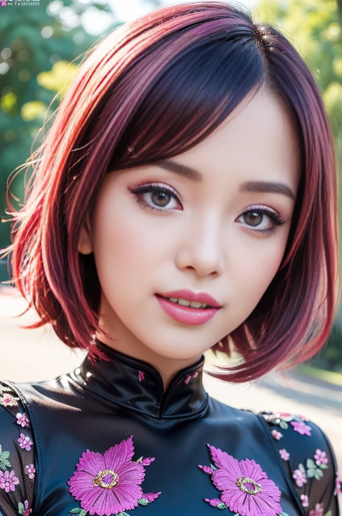 (masterpiece:1.4), (best quality:1.4), ultra high res, ultra high resolution, ((detailed facial features)), HDR, (realistic, photorealistic, photo-realistic:1.37), full body Esbian, sexy Indonesian model, (-anime), only 1 model, vivid colors, ((vivid colors multicolor (fuchsia, pink, light blue, purple) very short hair)), (happy smile), lip-gloss, long lashes, ultra detailed metallic makeup, defined eyebrows, wearing a red silk Paradise Kiss cosplay dress with black floral embroidery, ((vivid colors outfit)), vivid colors, look at the camera, cinematic light, large park background with trees, sweet and sexy pose