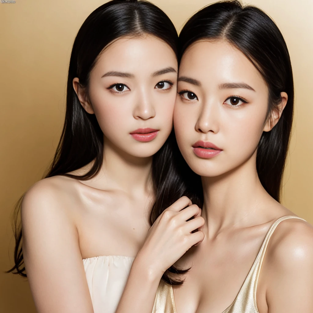 ((Highest quality, 8k, Tabletop:1.3, 2 girls, beautiful girl)), cute, dynamism, Detailed face, Detailed skin, Detailed eyes, Detailed lips, Detailed fingers, Mouth details, Detailed teeth, Detailed tongue, Round eyes, Tear bags, Realistic, RAW Photos, Natural light, Perfect Anatomy, High resolution, covered in , (Partially transparent), Gold color background, chest, twin color hair, Sitting, naked