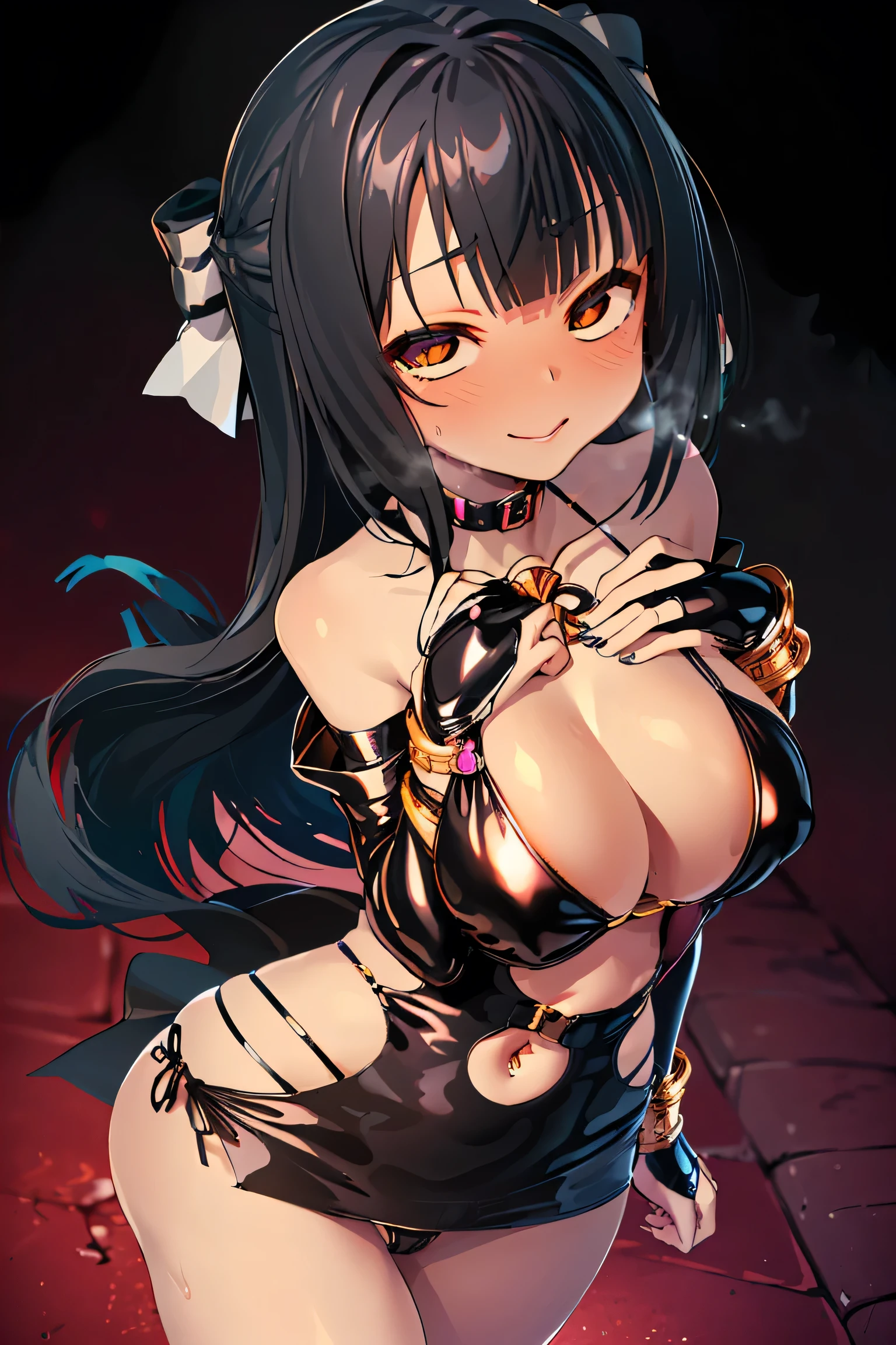 ((masterpiece、best quality、,Very detailed)、,((A girl))、Black Hair,Black clothes,From the next shooting time,Short Mini Dress,Hair covering eyes,(Large Breasts),Bikini,Shy,Exceed,Thick Legs,Fascinating three-dimensional,Fascinating three-dimensional((Hair covering eyes)),night,dark dark skin