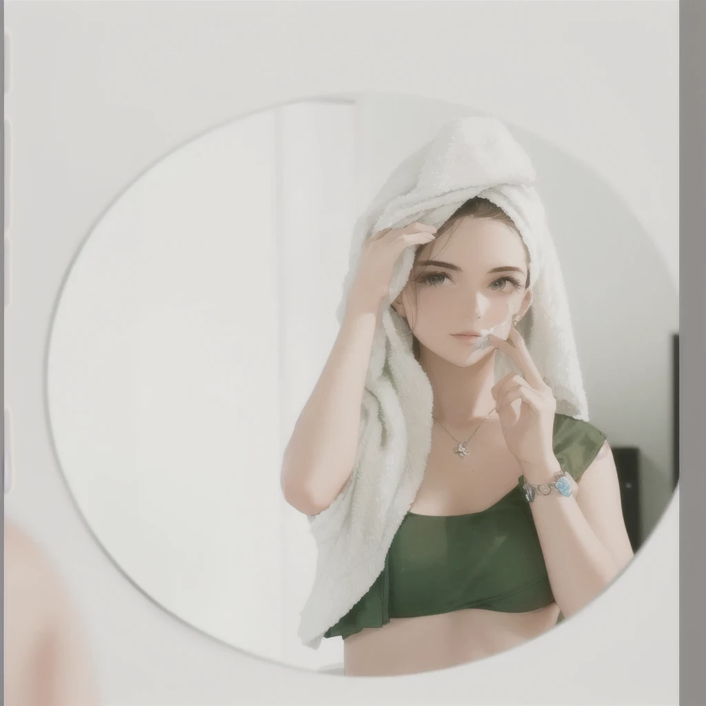 there is a woman that is looking in the mirror with a towel on her head, photo shoot for a skincare brand, Clean Skin Face and Body, wearing a towel, looking in the mirror, looking in the mirror, looking in the mirror, with a mirror, looking in the mirror, model photo, young woman in her 20s, looking in the mirror,