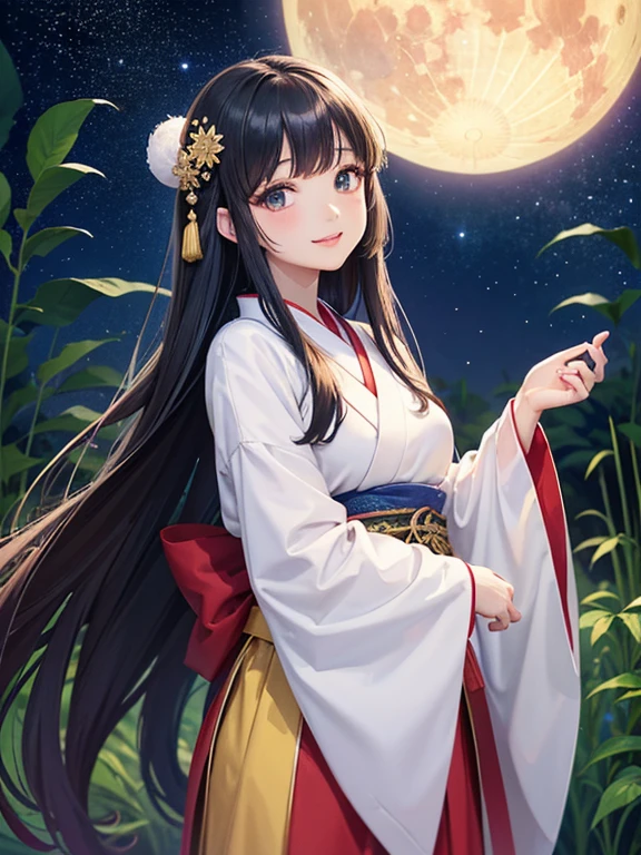 (Highest quality、 8k wallpaper、masterpiece、High resolution)、Vibrant colors、The Tale of the Bamboo Cutter、The Tale of Princess Kaguya、Elegant and beautiful woman with long black hair、A kind look、Smile on the lips、Traditional costumes of Japan、12 Single layer costume、whole body、Detailed Background、Big moon and starry sky、Bamboo forest and starry sky、、Detailed digital art、