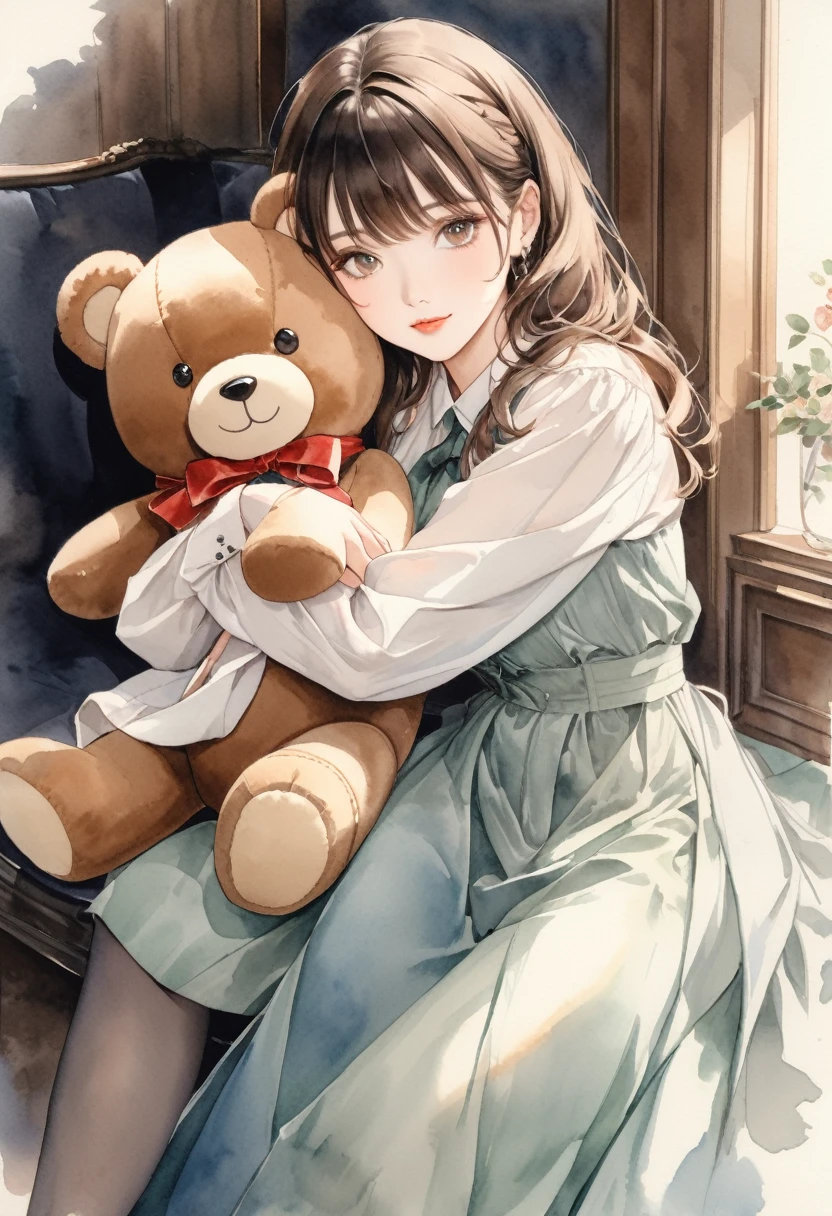 ((antique:1.5)),((hugging a stuffed teddy bear:1.5)),Beautiful and cute woman,1 Female,Solo,Sharp features,Sophisticated,((Watercolor:1.5)),whole body,超High resolution, Attention to detail, high quality, High resolution, 最high quality,(vintage:1.4),(Cute pose:1.3),Dull color