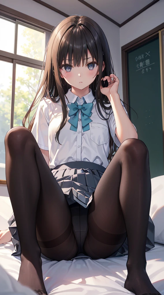 (The whole body from head to toe)、(Full Body)、(No shoes)、(blackpantyhoseの内側に白いパンティ)、(blackストッキングの内側に白いパンティ)、(Panty shot)、(Sitting with legs together)、(Sit with your knees bent and your legs apart)、(M-shaped legs)、Brown Hair、Long Hair、bangs、Highest quality、High resolution、8k wallpaper、(figure:0.8)、(Beautiful attention to detail:1.6)、(Highly detailed face)、Perfect lighting、Highly detailed CG、Perfect hands、Perfect Anatomy、Thin legs、(Small Tits)、Sitting on the floor、Sleep on your back、Spread your legs、Look forward、Configuration from below、Positive、Turn your lower body forward、In 8K、Highest quality、The real picture、Intricate details、Ultra-detailed、超High resolution、Depth Field、(Photorealistic、Realistic:1.2),masterpiece, 0.25 :: Front shot、From the center、One Girl、Very beautiful 17 year old girl、See the face and feel、Big eyes、Sexy pose、Fascinating、Perfect Skin、(Small breasts)、Narrow waist、Light blush、solo、Looking at the audience、Five perfect fingers、Small toes、sweating、 wear((School_uniform)、White shirt、Collared shirt、Pleated dress、Grey Dress、(black_pantyhose:1.2)、 blackストッキング、blackpantyhose、(Sculpture Pose:1.1)、 Showing her white panties、Panty shot、Spread your legs、Open legs、Wide-open legs、bedroom 、On the bed