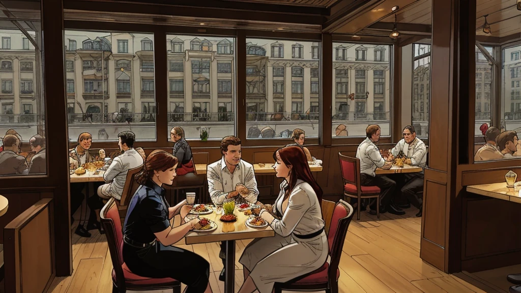 a restaurant, a restaurant в москве, public place, indoors, big windows, luxury, дорогой a restaurant, people have lunch, workers greet guests, Marvel Comics Style, comics