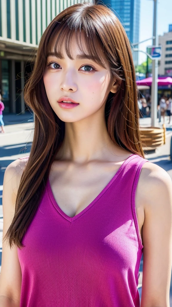 (best quality, 8k, 32k, masterpiece, UHD:1.2), ultra high resolution, (pretty a Korean  girl), 13 years o, beautiful detailed eyes, semi long brown hair, bangs, (wearing magenta tank-top), big breasts, cleavage, crowded city boulevard on a bright sunny day, (detailed background:1.5)