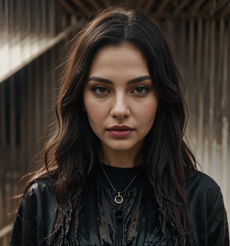 a beautiful young woman in black with long hair, in the style of textural layers, reefwave, light brown and light black, wet-on-wet blending, wavy, pop inspo, captivating gaze --ar 74:97 --stylize 750 --v 6